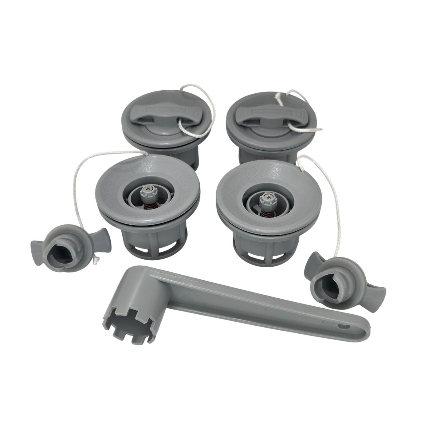 Setangebot 4x Schlauchbootventil HR-Ventil + Ventilschlüssel – Komplettset für Schlauchboote (8-Zahn, Grau)