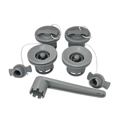 Setangebot 4x Schlauchbootventil HR-Ventil + Ventilschlüssel – Komplettset für Schlauchboote (8-Zahn, Grau)