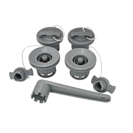 Setangebot 4x Schlauchbootventil HR-Ventil + Ventilschlüssel – Komplettset für Schlauchboote (8-Zahn, Grau)