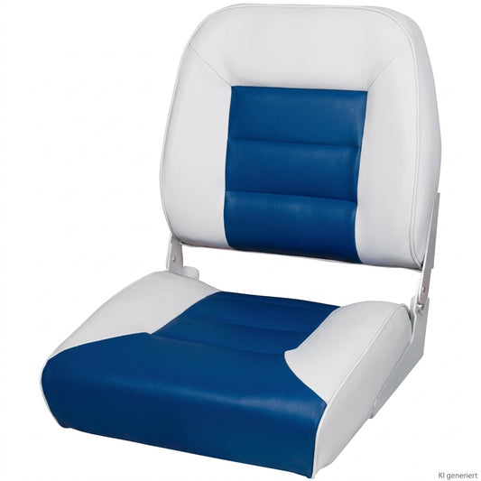 Bootssitz Klappsitz Miami weiß/blau – gepolsterter Angelsitz, klappbar, 42,5 cm, 134 mm Lochabstand