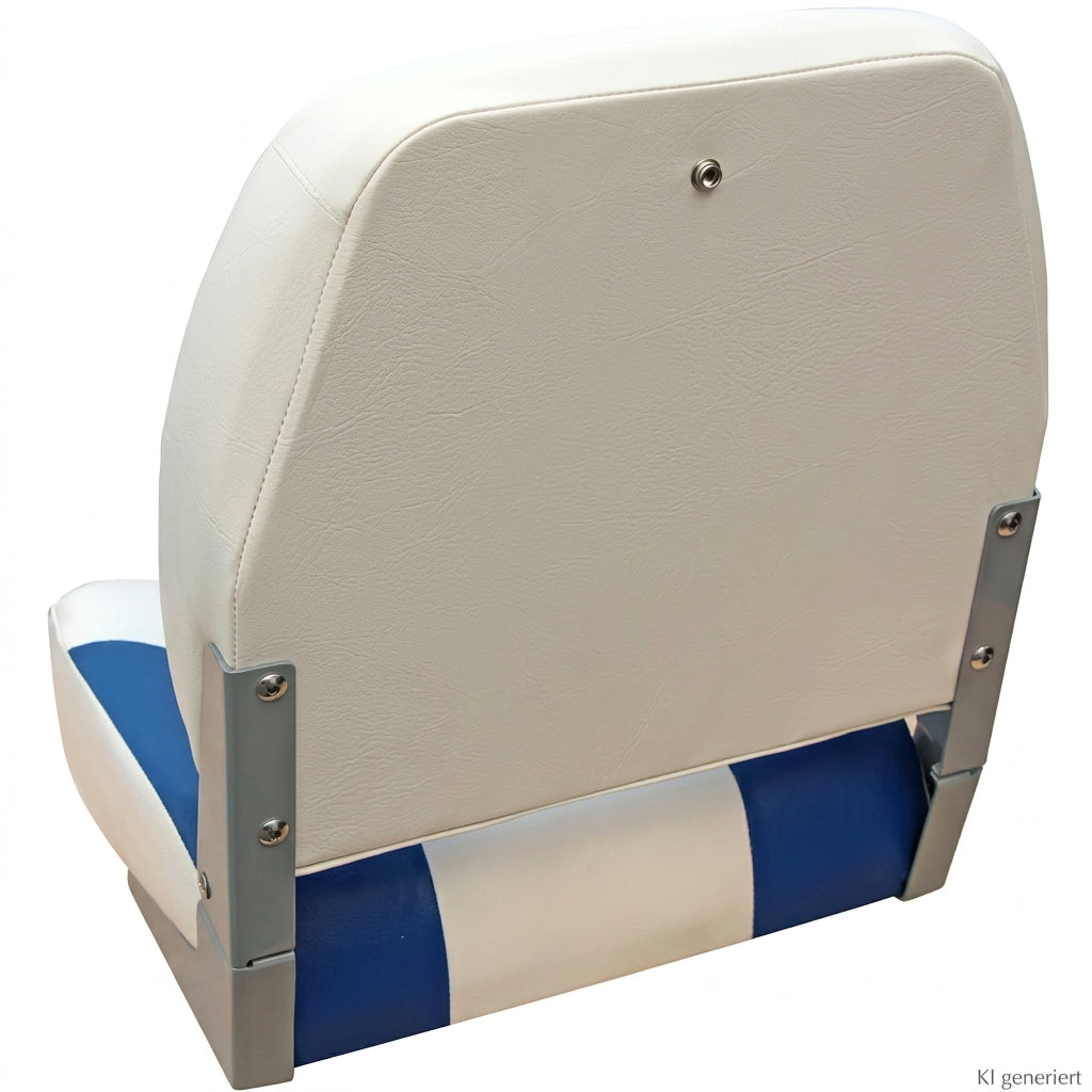 Bootssitz Klappsitz Split weiß/blau – gepolsterter Angelsitz, klappbar, 41 cm, Aluminiumscharniere