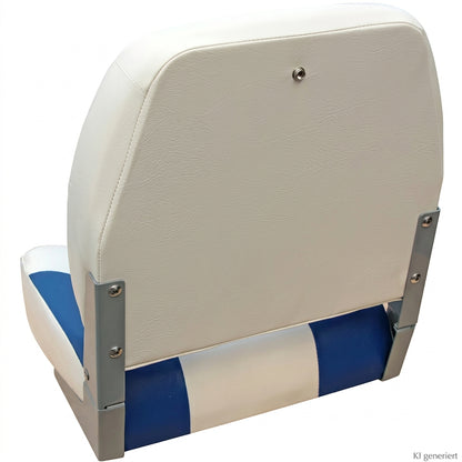 Bootssitz Klappsitz Split weiß/blau – gepolsterter Angelsitz, klappbar, 41 cm, Aluminiumscharniere