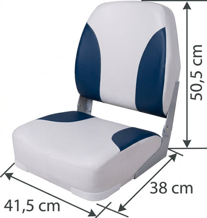 Bootssitz Klappsitz Split weiß/blau – gepolsterter Angelsitz, klappbar, 41 cm, Aluminiumscharniere