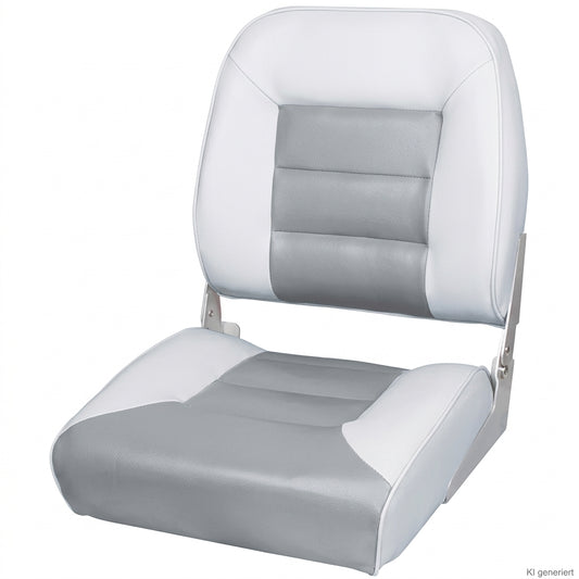 Bootssitz Klappsitz Miami weiß/grau – gepolsterter Angelsitz, klappbar, 42,5 cm, 134 mm Lochabstand