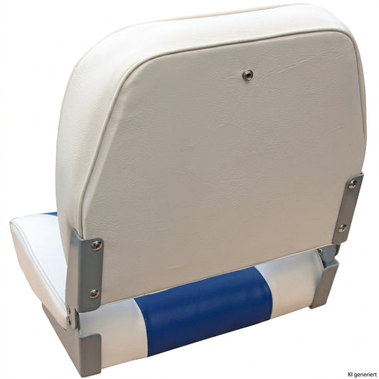 Bootssitz Klappsitz Miami weiß/blau – gepolsterter Angelsitz, klappbar, 42,5 cm, 134 mm Lochabstand